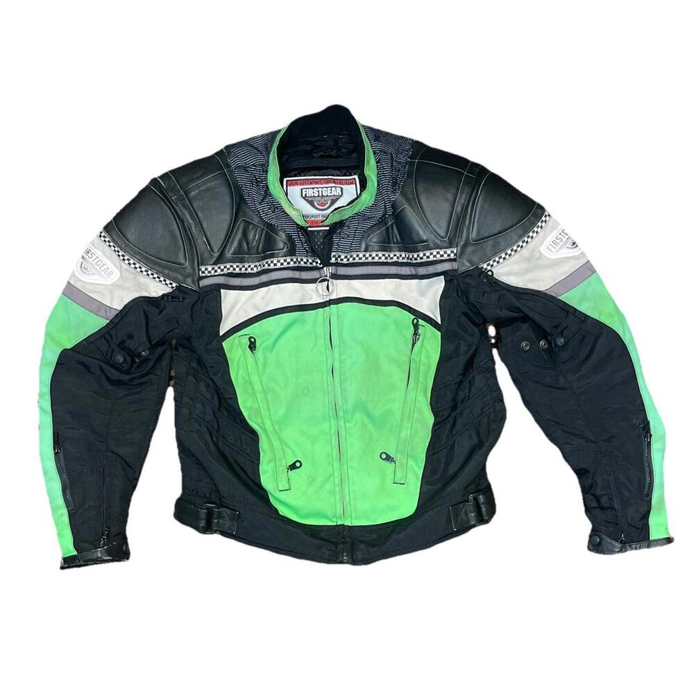 FIRST GEAR Motorcycle Leather Padded Green Black Riding Jacket Size Medium